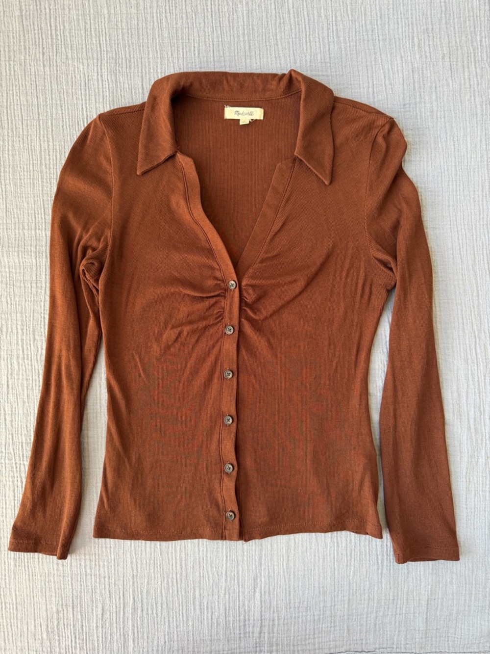 Madewell Button-Front Collared Ribbed Lightweight Long Sleeve Top - Brown - EUC